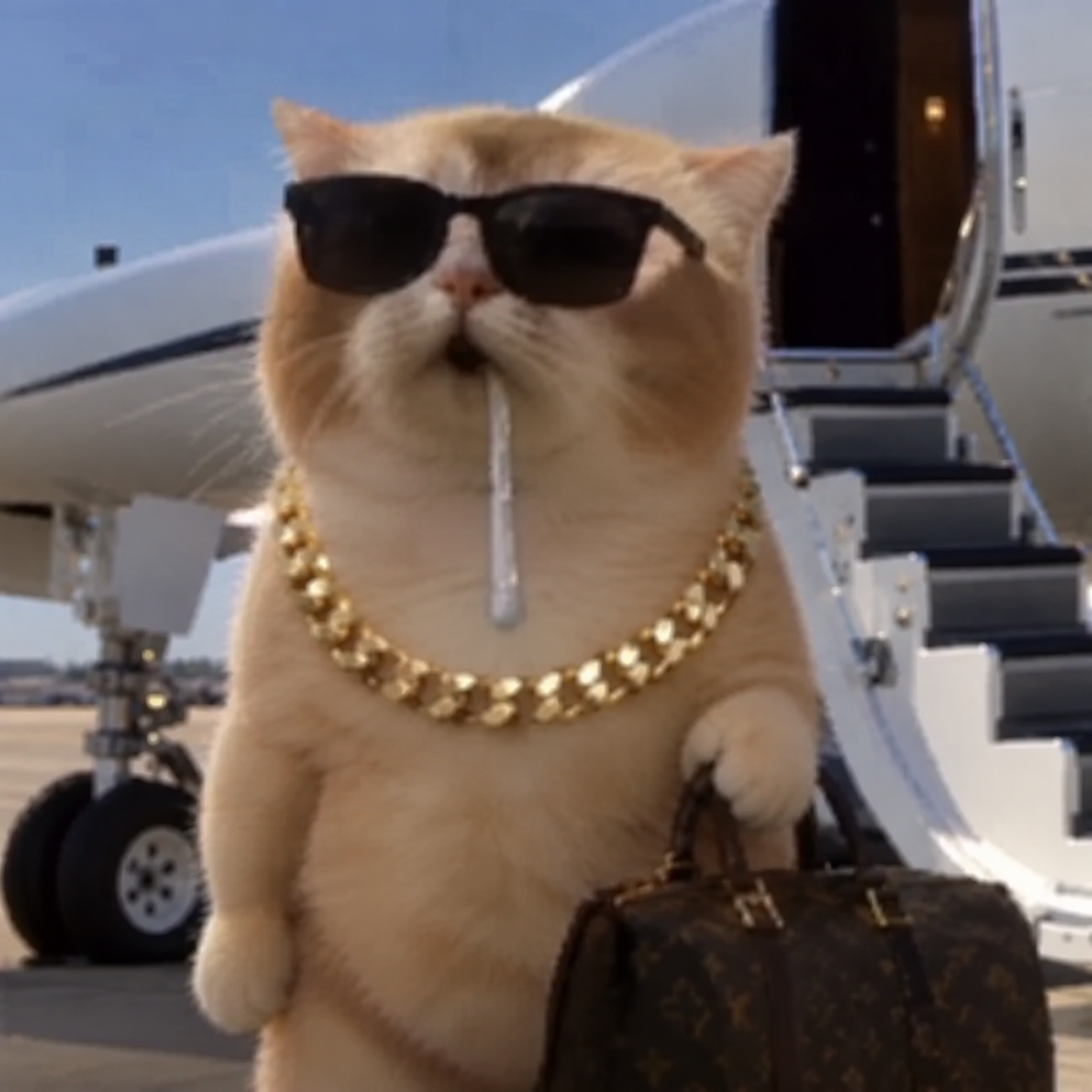 Droolionaire cat wearing sunglasses and gold chain